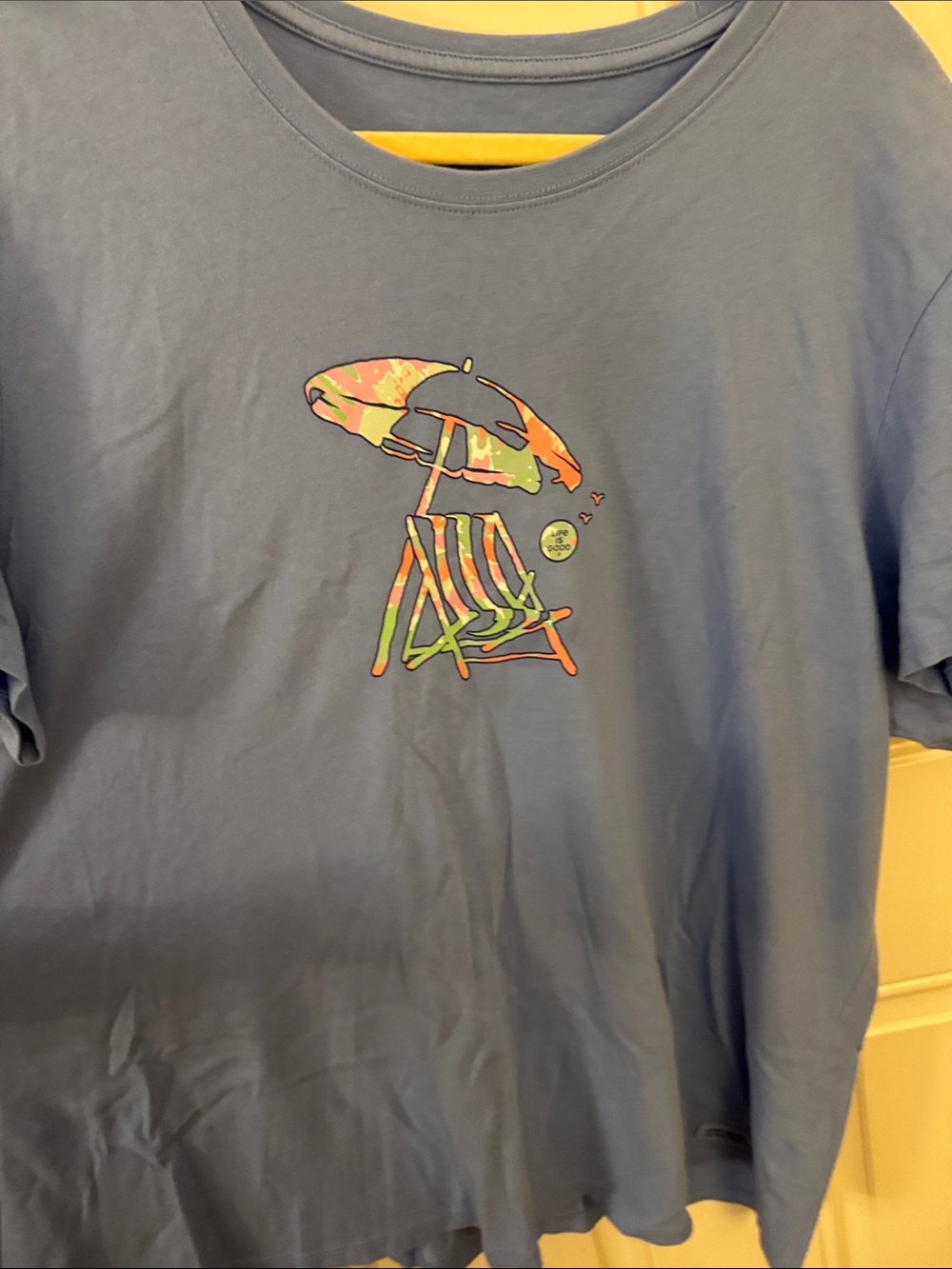 Life Is Good Blue Short Sleeve Tee with Neon Beach Graphic